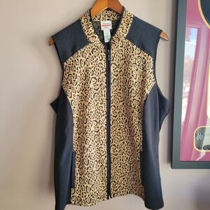 RUBY RD. Favorites Vest Size Petite 1X Black & Tan Cheetah Full Zip Vest
